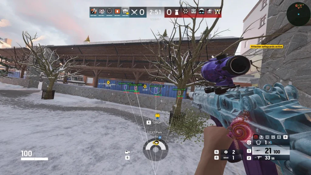 Rainbow Six Siege ESP wallhack cheat — enemy operator boxes and distance labels through walls on a snowy map