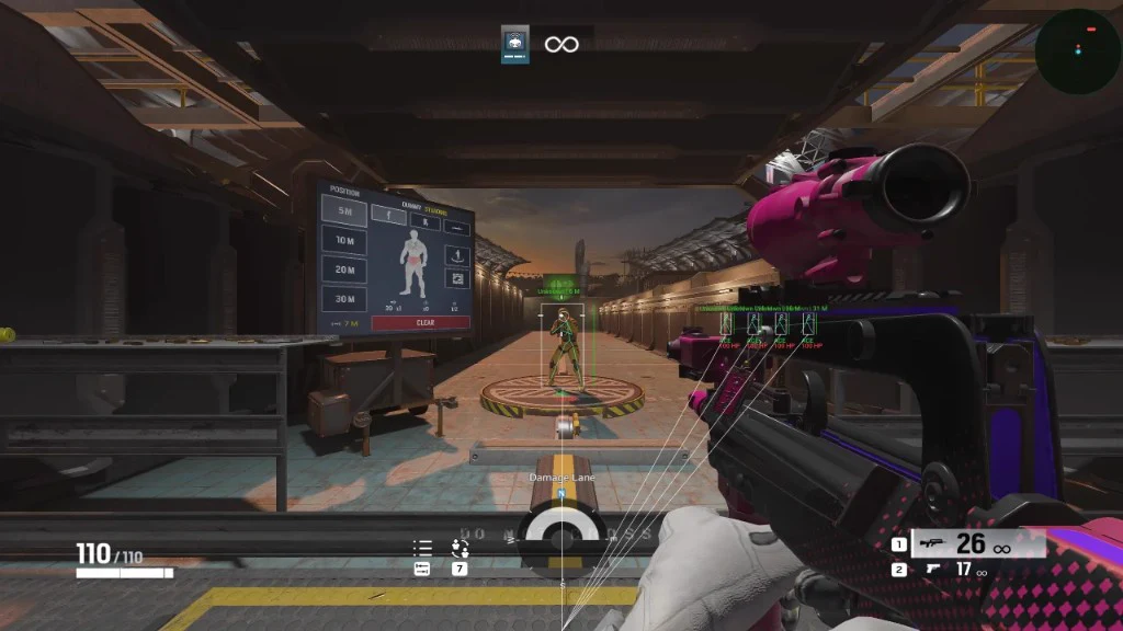 Rainbow Six Siege cheat ESP — skeleton and box wallhack on a range dummy with pink custom weapon skin