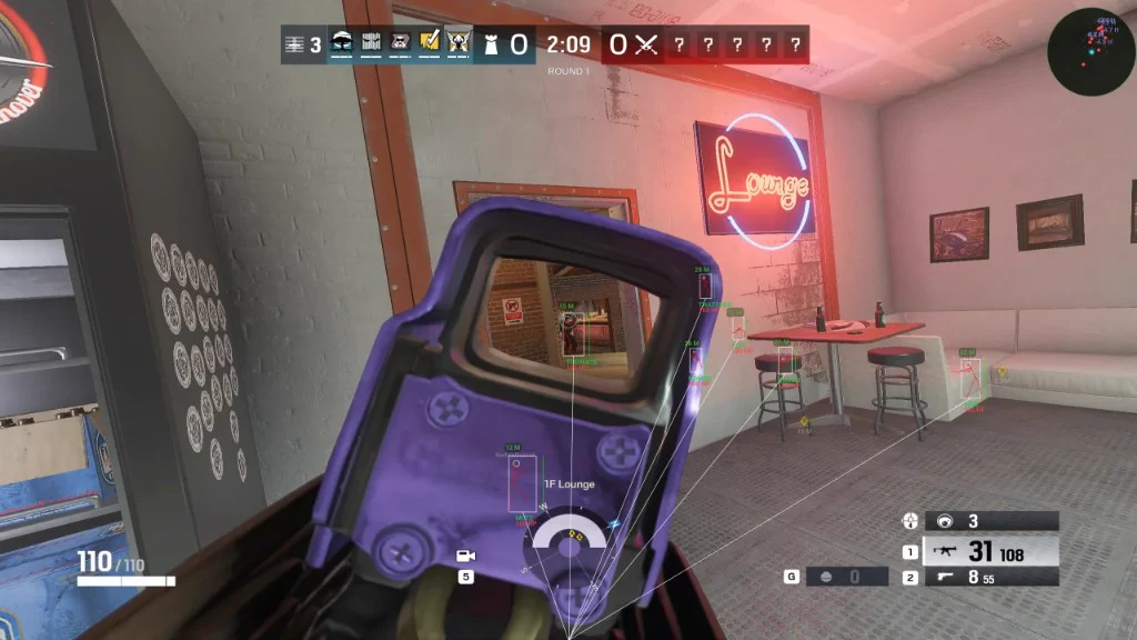 Rainbow Six Siege wallhack ESP cheat — red enemy boxes, skeletons and snap lines in 1F Lounge