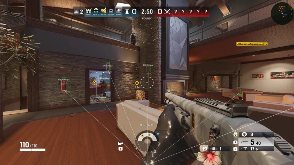 Rainbow Six Siege cheat gameplay — green and red ESP boxes with distance tracking inside a Chalet interior