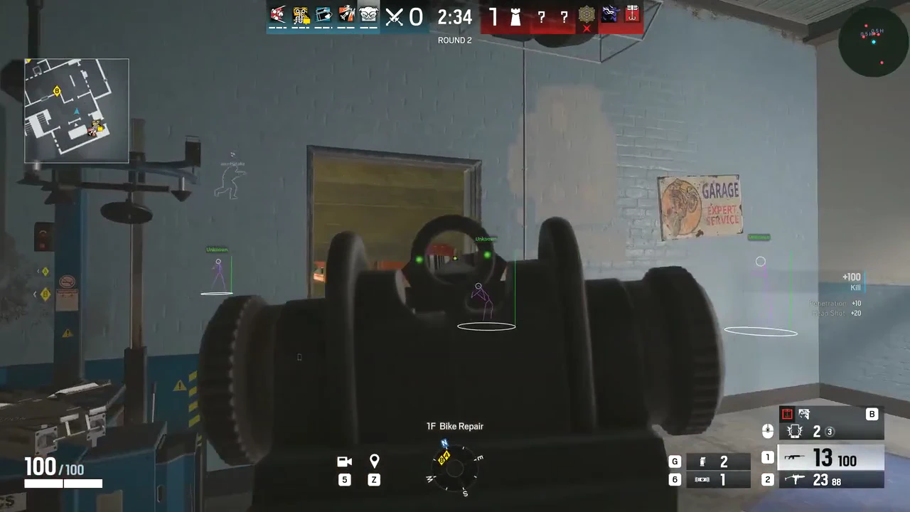 Rainbow Six Siege ESP wallhack cheat — skeleton and box overlays through walls in 1F Bike Repair garage